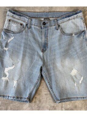 Ring Of Fire Shorts Mens SZ 33 Blue Light Wash Denim 8.5'' Faded Whisker Stretch